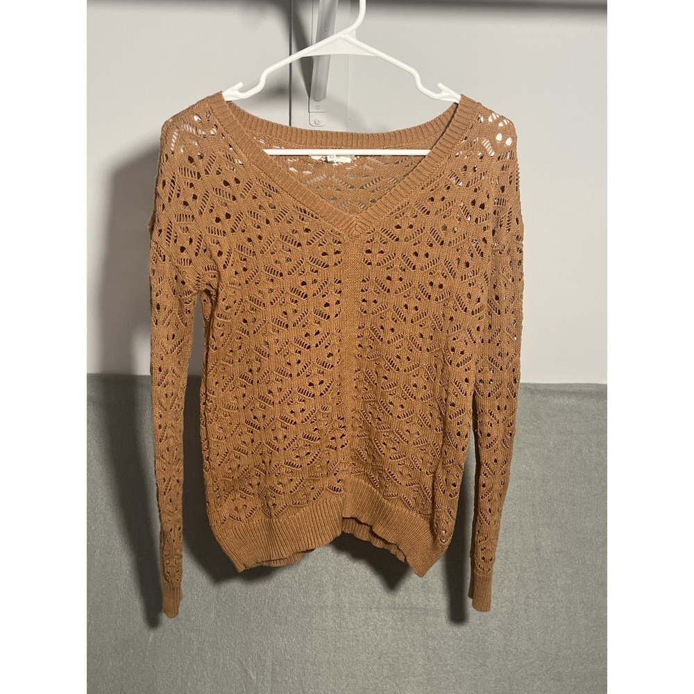 Maurices Women's XS Brown Tan Open Knit V-Neck‎ Sweater Lightweight Long Sleeve